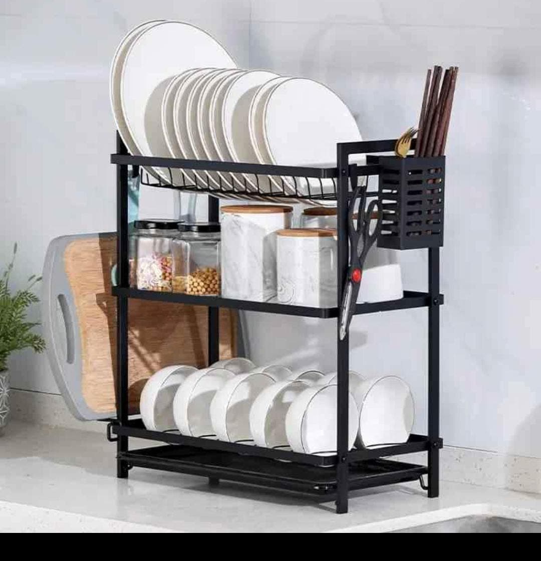 3-Tier All-Black Metallic Dish Rack