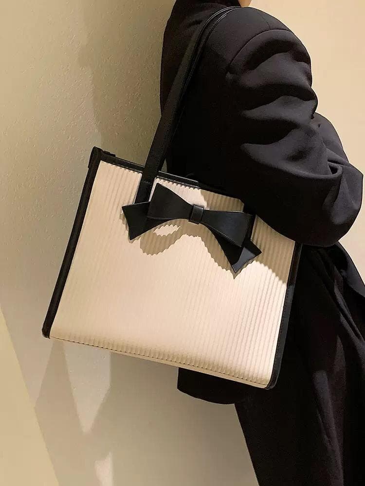 Elegant Ribbed Tote Bag with Bow Accent (Beige & Tan)